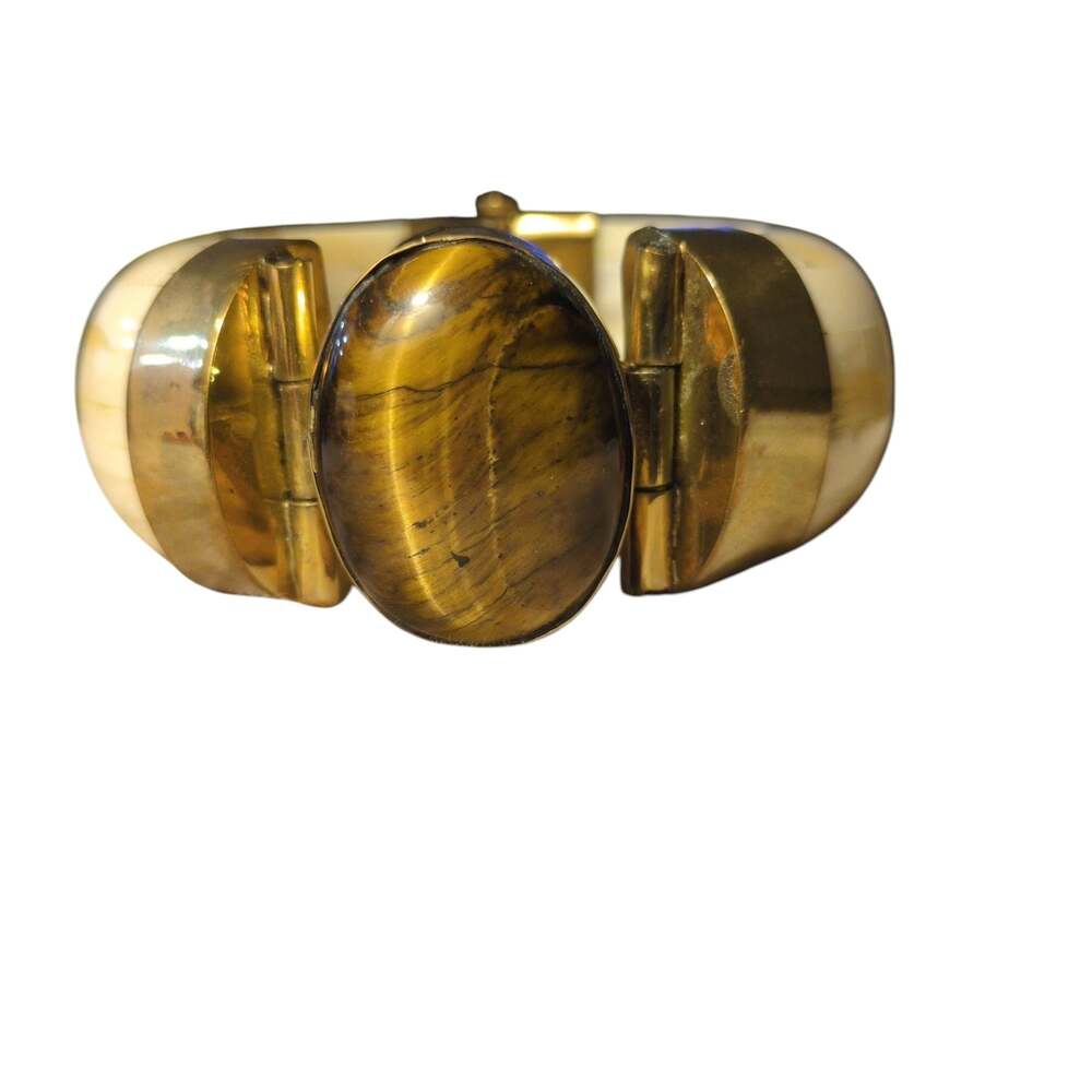 Vintage 1970s Gilt Brass, Carved Bone, and Tiger's Eye Hinged Cuff Bracelet